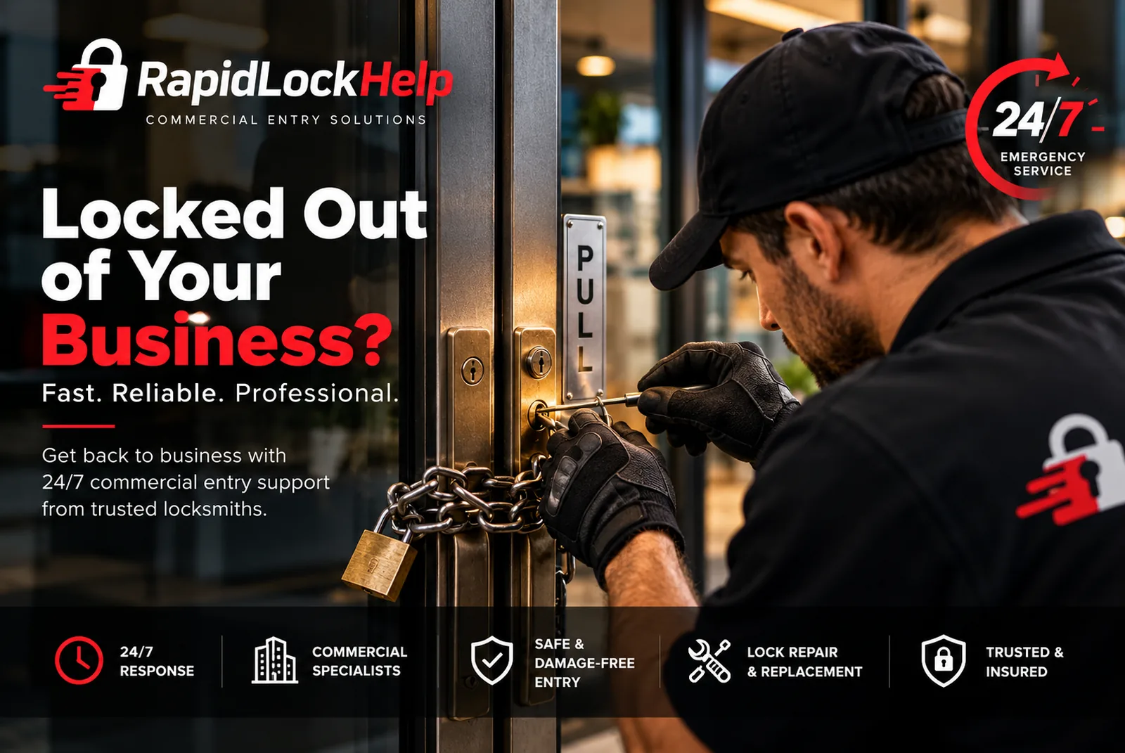 RapidLockHelp technician opening a chained commercial glass door — 24/7 commercial entry service