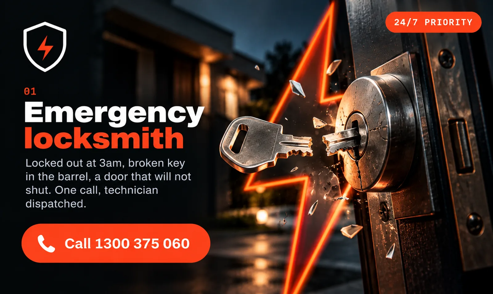 Broken key snapping in a door lock at night — RapidLockHelp 24/7 emergency service