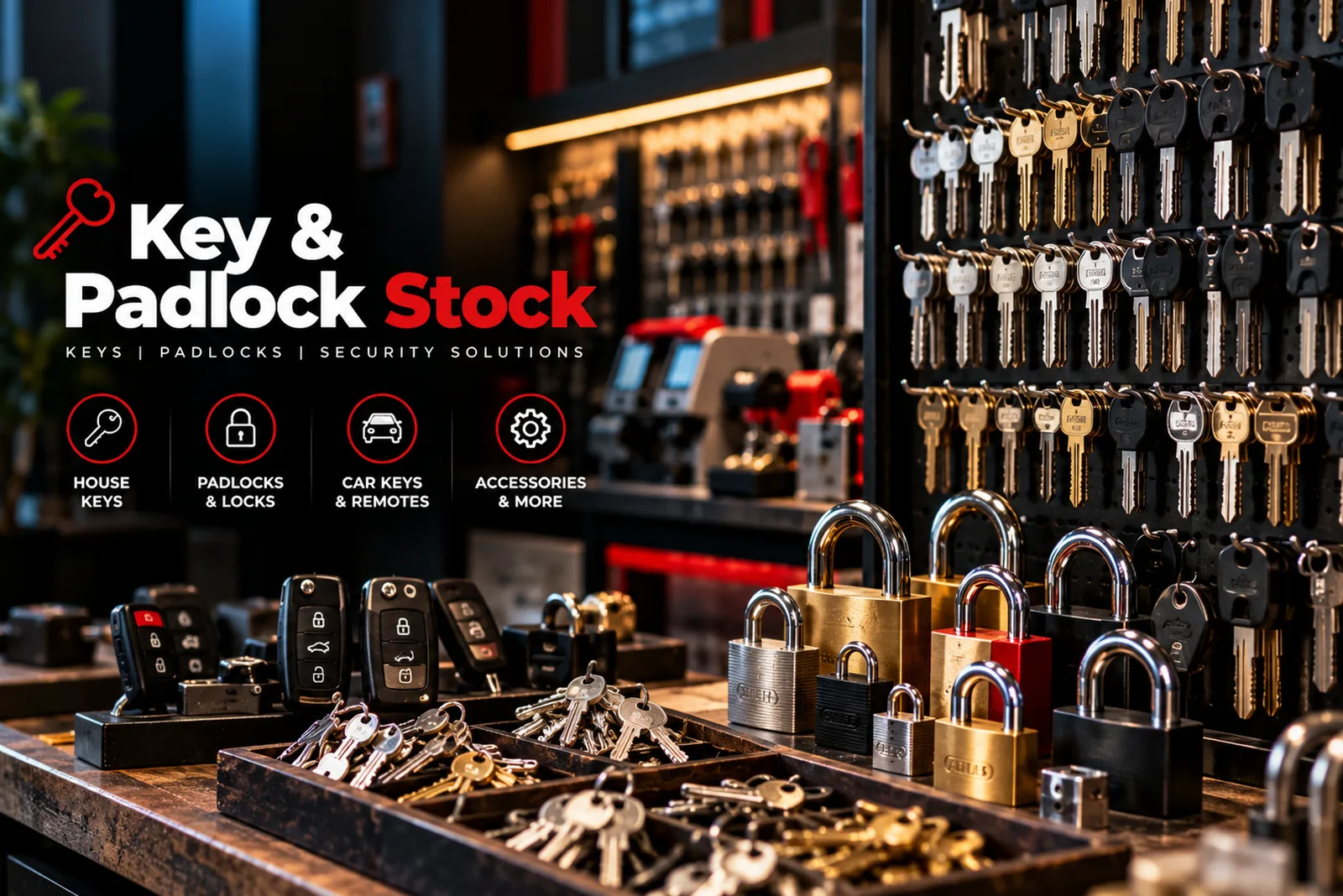 Wall of key blanks, car remotes and padlocks carried by RapidLockHelp technicians